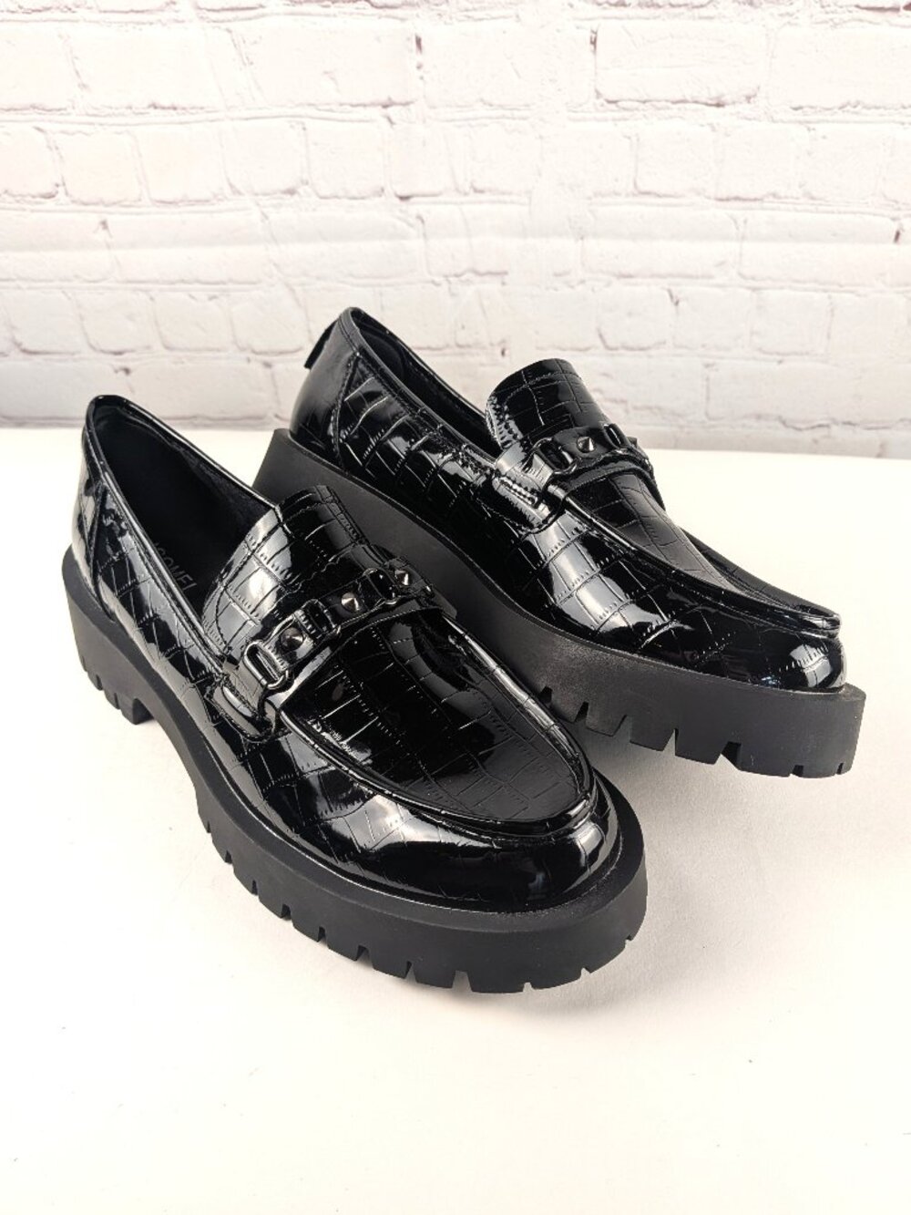 NEW Black Patent Leather Crocodile Chunky Loafers 10